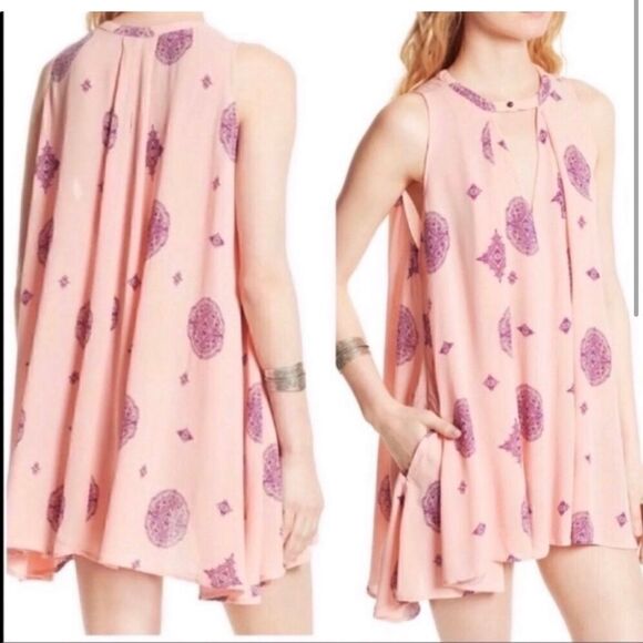 Free People Tree Swing Tunic Dress Size M Pink Purple Medallion Rayon Sleeveless - Picture 2 of 9